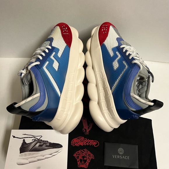 Versace Chain Reaction Platform Low Top Sneakers Blue Red Size 9.5 42.5 Repl Box - Picture 3 of 12